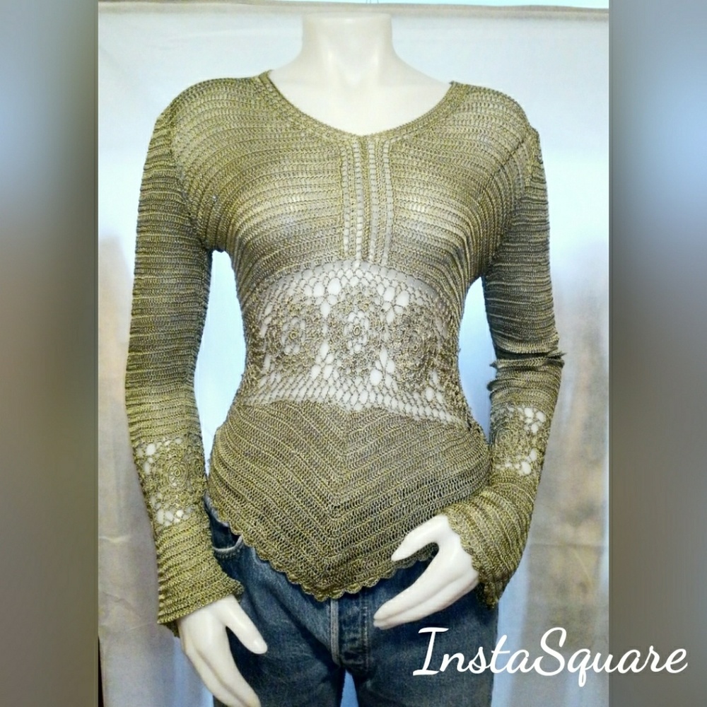 BCBGMaxAzria Green Crochet Long Sleeve Top
